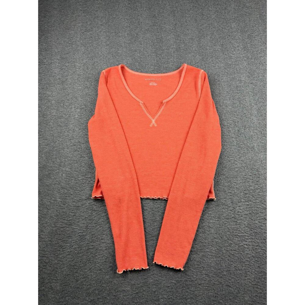 American Eagle Women's M Medium Orange Waffle Knit Long Sleeve Henley V-Neck Top